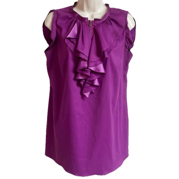 Nicole Miller Ruffle Neckline Tank Top Sleeveless Blouse Solid Purple Pullover M - Picture 1 of 8